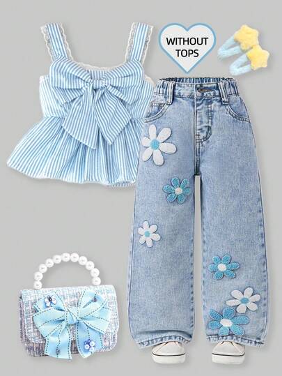 Young Girl Fashion Snowflake Washed Distressed Floral Flocking Wide Leg Jeans, 90s