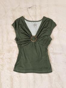 INAWLY Áo kiểu nữ họa tiết chấm bi, kiểu buộc dây phía trước, thích hợp cho mùa hè. - màu xanh lá - Xem 3