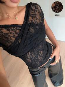 Siren Gaze Women's Elegant Black Floral Lace Top,Summer Night Out Off-Shoulder Fitted Blouse,See Through Stylish Lacey T-Shirt,New Solid Color Tops - Black - View 5