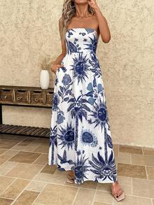 SHEIN Clasi Women's Floral & Sun Print Ruched Casual Party Dress - Blue - View 6