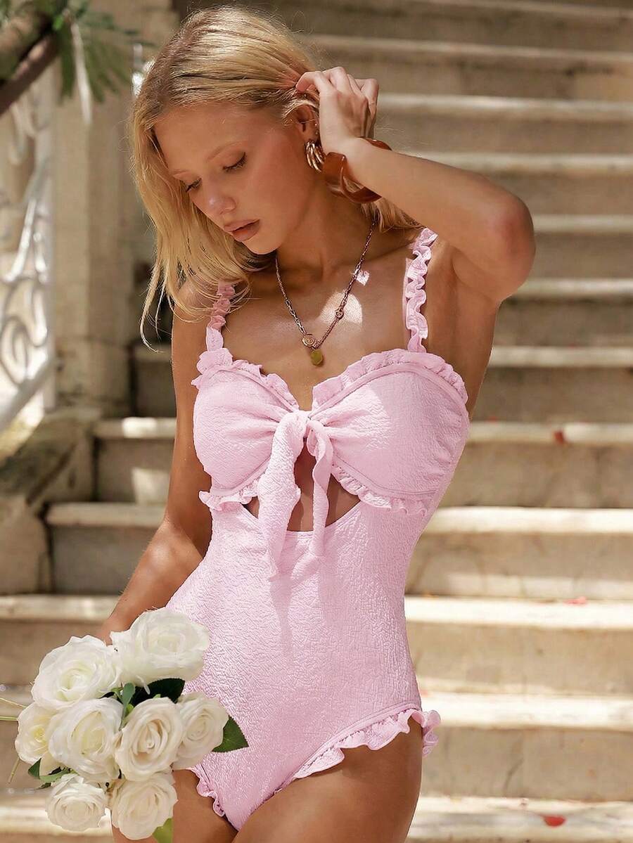 Swim Mod New Spring/Summer One-Piece Swimsuit, Bikini, Strapless, Sexy, Cute, Sweet, Textured Fabric, Ruffle, Beach Resort Style - Pink - View 1