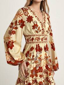 CAJUNI 女士休闲V领长袖黑色碎花短裙，适合约会和度假，秋季款 - 黃色 - 查看 6