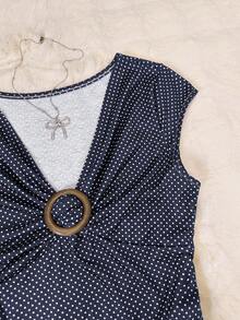 INAWLY Blusa casual de mujer con estampado de lunares y detalle de nudo, para verano - Azul Marino - Ver 4