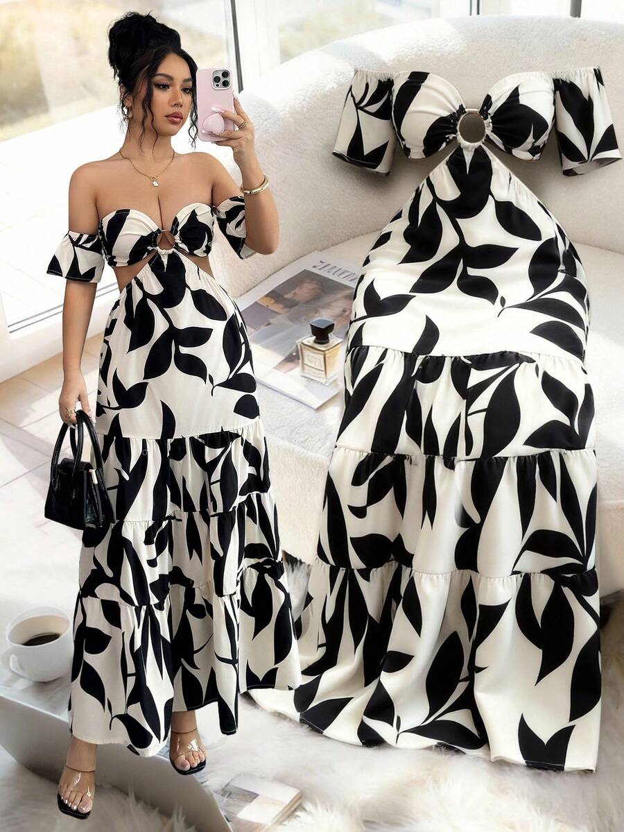 Elenzga 2026春夏新款女士优雅露肩镂空连衣裙 - 杏色 - 查看 1