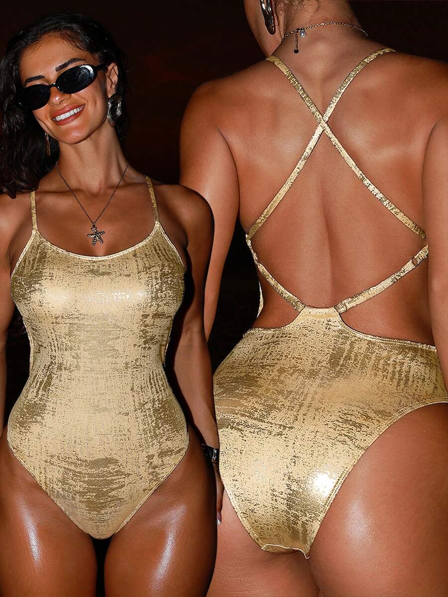 Swim SXY Women's Sexy Backless One-Piece Swimsuit With Gold Foil Straps, Summer Beach Vacation Style - Gold - View 1