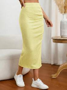 SHEIN EZwear 夏季休闲纯色侧开衩中长铅笔裙 - 淡黃色 - 查看 5
