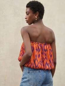 Aveloria Modichic Spring/Summer New Beach Vacation Style Oil Painting Print Gold Chiffon Draped Cropped Tube Top For Women - Orange - View 2