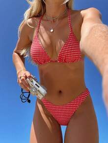 Swim Mod Women's Plaid Jacquard Halter Bikini Set, Spring/Summer - Multicolor - View 1