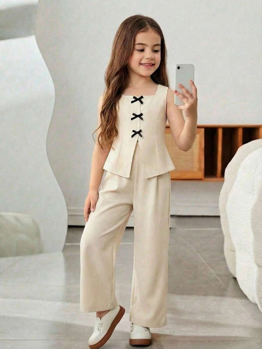 SHEIN 2件套少女纯色编织休闲背心和裤子套装 - 卡其色 - 查看 1