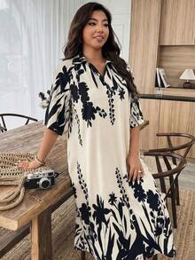 Elenzga 大码印花长款宽松优雅女装 - 杏色 - 查看 3