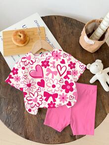 SHEIN Baby Girl Casual Coral Pink & Cute Floral Heart Print Round Neck Loose Short Sleeve T-Shirt And Bike Shorts Set, Suitable For Spring/Summer - Multicolor - View 2