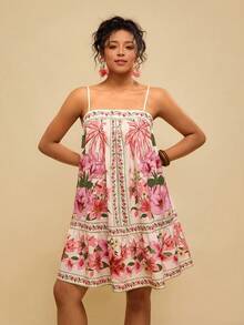 Travachic Abito corto senza maniche con stampa tropicale di animali e piante, verde, per vacanze casual, stile boho, abito floreale rosa per donna, abito rosa da spiaggia, abito corto primaverile a balze per donna - Multicolore - Visualizzare 4