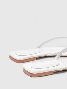 Sleekvia 女士方头平底白色人字拖鞋，带脚带，时尚休闲舒适，日常百搭。 - 白色 - 查看 3