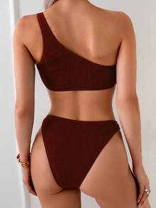 Swim Vcay Women's Summer Beach Solid Color Sexy Halter Bikini Swimwear Set Brown Bathing Suit Women 2 Piece Set Brown Bikini Sets Brown Two Piece Swim Suit Ribbed Bikini - Burgundy - View 2