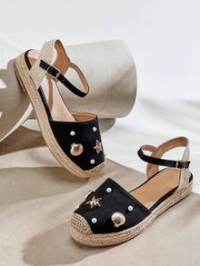 SHUZIA Giày đế xuồng Espadrilles đế cao thanh lịch dành cho nữ, họa tiết sao biển. - màu đen - Xem 5