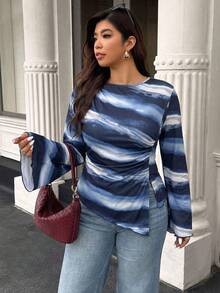 SHEIN Clasi Plus Size Elegant Tie-Dyed Printed Long-Sleeved Ladies' Top,Navy Blue White Versatile Daily Autumn Birthday Bridesmaids Campus Office Fashion Top - Blue - View 3