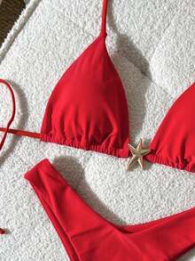 Swim Mod Conjunto de bikini de mujer con tirantes finos, decoración metálica y unicolor, para el verano - Rojo - Ver 3