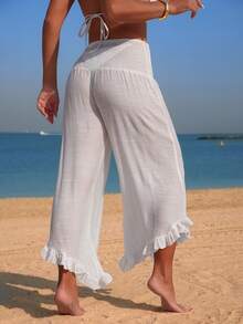Swim Vcay 女士夏季度假沙滩梭织纯色荷叶边阔腿裤，腰部抽绳设计，宽松休闲裤 - 白色 - 查看 2