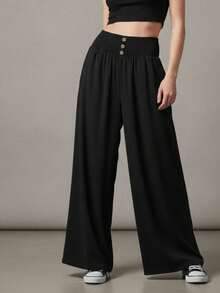 Pantalón mujer pierna ancha ligeros para dama pretina con elástico con botones decorativos, corte amplio y fluido, tela suave y ligera, ideal outfits casuales para diario el trabajo o vacaciones - Negro - Ver 5