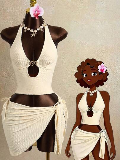 Zestiva Women's Metal Decor Spaghetti Strap White 3 Pieces Bikini Set, Backless Camisole Swimwear For Beach Vacation , Casual Sets For Women