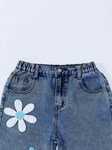 SHEIN ChillGRL 少女新款时尚做旧雪花刺绣阔腿牛仔裤 宽松牛仔裤 Y2K超大款牛仔裤 阔腿牛仔裤 宽松女童牛仔裤 宽松牛仔裤 2025秋冬新款 90年代复古风蓝色牛仔裤 - 藍色 - 查看 6