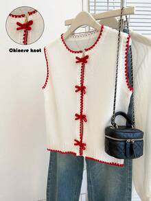 Franclia Áo khoác len dệt kim nhiều lớp phối màu tương phản kiểu Hàn Quốc mới dành cho nữ, áo cardigan không tay thời trang và trẻ trung, áo cardigan dệt kim hở nghệ thuật cho mùa thu/đông, áo len gile cho nữ, áo kiểu Trung Quốc, áo dây xích, áo sơ mi họa tiết hoa anh đào, áo len trắng, áo len viền đỏ, áo len gile không tay cho nữ. - Đỏ và trắng - Xem 7