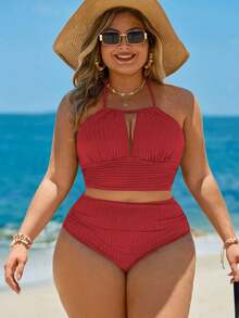 Swim Lushoire Conjunto de traje de baño de talla grande con tela texturizada de unicolor y a rayas, adecuado para vacaciones en la playa, 2026 Nuevo - Burdeos - Ver 7