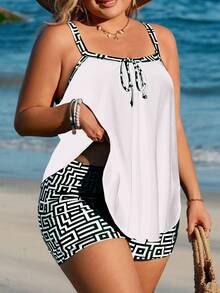 Swim Lushoire Tankini de talla grande para mujer con estampado de rayas básico, modesto, para playa y vacaciones 2026 - Blanco y Negro - Ver 1