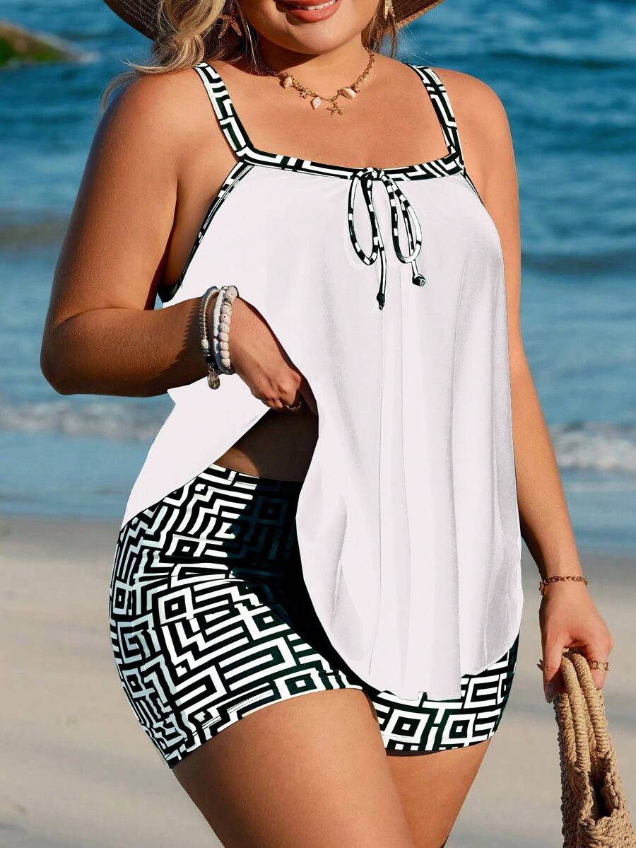 Swim Lushoire Tankini de talla grande para mujer con estampado de rayas básico, modesto, para playa y vacaciones 2026 - Blanco y Negro - Ver 1