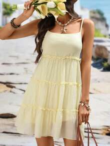 Breezaya 女士黄色吊带连体裤，双层设计，浪漫优雅，适合度假、休闲、通勤、外出、约会、散步、海滩、日常穿着，春夏皆宜。 - 彩色 - 查看 5