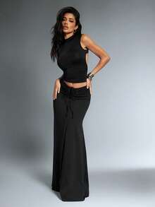 Denimoi Adjustable Drawstring V Waist Maci Skirt Sexy Skirts Vacation Outfits GNO Date Night - Black - View 3