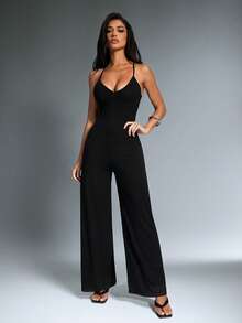Denimoi Low Scoop Back Wide Leg Sleeveless Jumpsuit Sexy Everyday Wear Brunch Outfits Vacation - Black - View 3