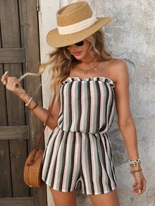 Swim Vcay Women's White Colorful Striped Knit Jumpsuit,Boho Summer Holiday Pool Party Beach Romper,Frill Trim Elastic Waist Wide Leg Holiday Coverup Jumpsuit - Green - View 3
