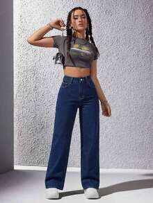 Jeanoix Pantalones vaqueros casuales y versátiles de tiro alto, con bolsillos y pierna ancha para mujer - Azul lavado oscuro - Ver 3