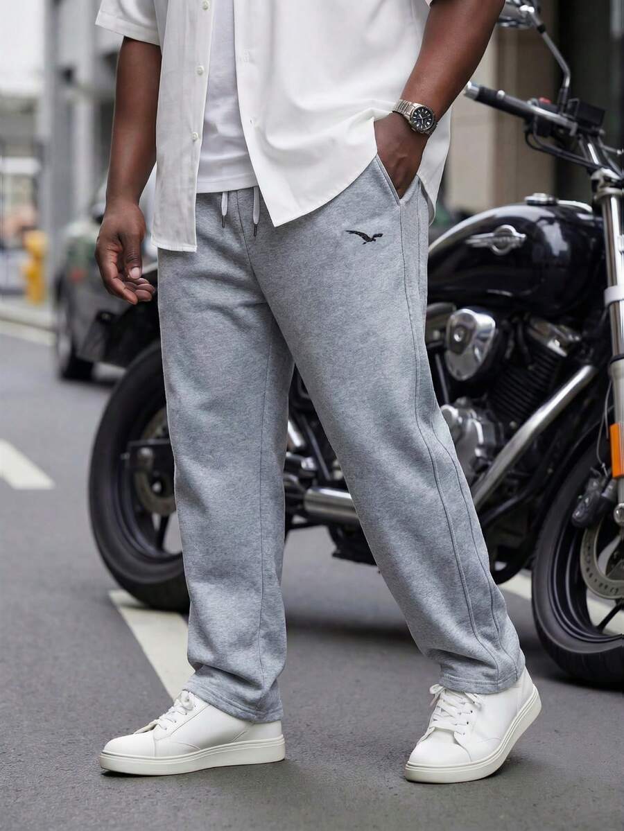 Manfinity Homme Plus Size Men's Drawstring Waist Pockets Straight Loose Casual Sweatpants - Light Grey - View 1