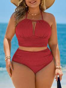 Swim Lushoire Conjunto de traje de baño de talla grande con tela texturizada de unicolor y a rayas, adecuado para vacaciones en la playa, 2026 Nuevo - Burdeos - Ver 4