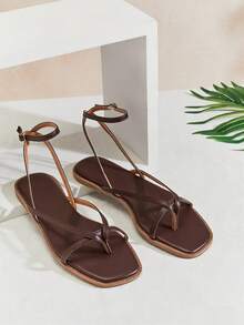 SHUZIA Women's Glamorous Tan Ankle Strap Buckle Low Square Toe Spring Flat Slide Spring Break Easter Vacation Shoes Casual Shoes Beach Shoes Mother's Day Present - Mocha Brown - View 6