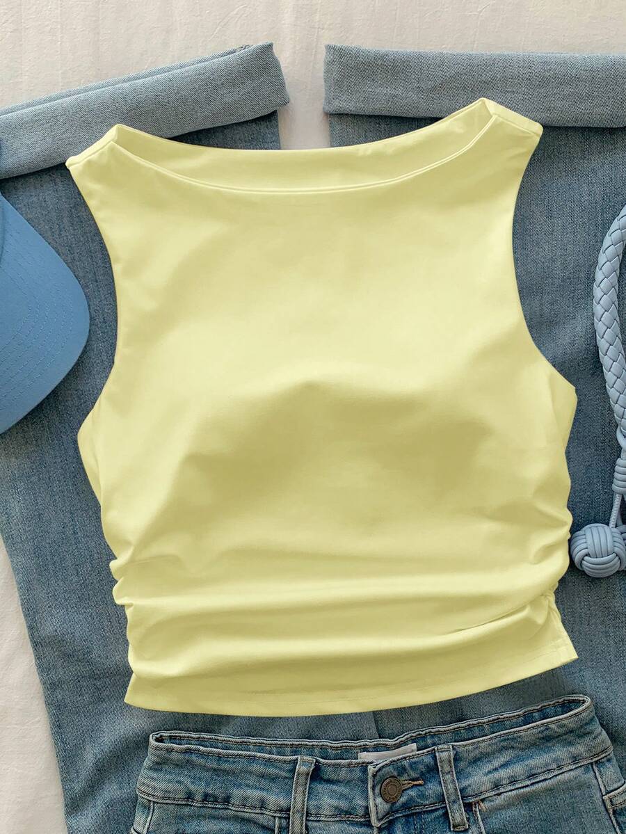 Comfortcana 女款純色百褶內襯修身休閒細肩帶背心,適合春夏,夏季上衣 - 黃色 - 查看 1