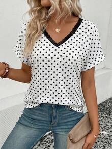 Selamara Áo thun nữ tay ngắn cổ chữ V họa tiết chấm bi và viền ren, hàng mới về mùa hè. - Nhiều màu - Xem 5