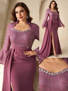 Coutiva 大码女士水钻装饰高端晚礼服，奢华亮片正式礼服，优雅派对礼服 - 藕粉色 - 查看 4