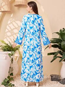 SHEIN Teen Girl Elegant Geometric Pattern Floral Print Notch Neck Long Sleeve Long Maxi Dress - Blue and White - View 5