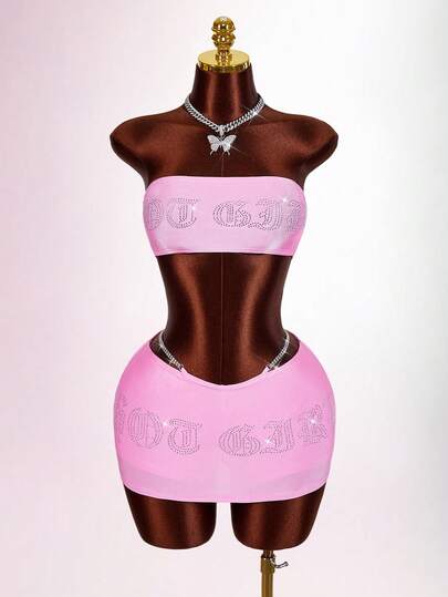 Amplova Y2K Rhinestone Embellished Sexy Women Solid Color Crop Top And Bodycon Mini Skirt 2 Pieces Set