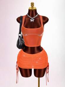 Amplova 2026 Nuevo Crop Top sin espalda decorado con cristales de moda Y2K para mujer, verano - Naranja - Ver 3