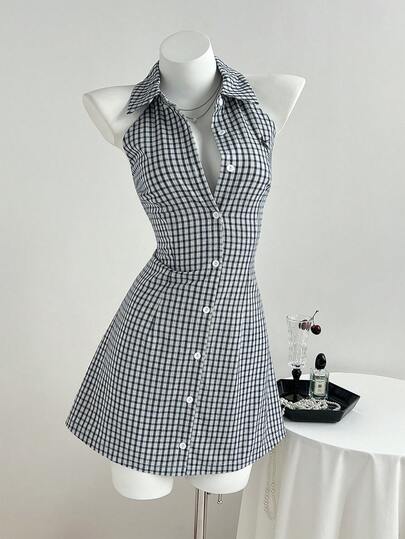 Elamini Women's Navy Blue Plaid Sleeveless Embroidered Fitted A-Line Dress, Casual Collegiate Style, Versatile