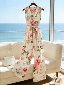 Franclia 女士碎花连体裤，阔腿设计，收腰，优雅时尚 - 杏色 - 查看 3