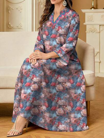 SHEIN Najma 花卉拼接印花V领开衩下摆长袖连衣裙，优雅阿拉伯风格，适合度假和日常穿着，春夏款