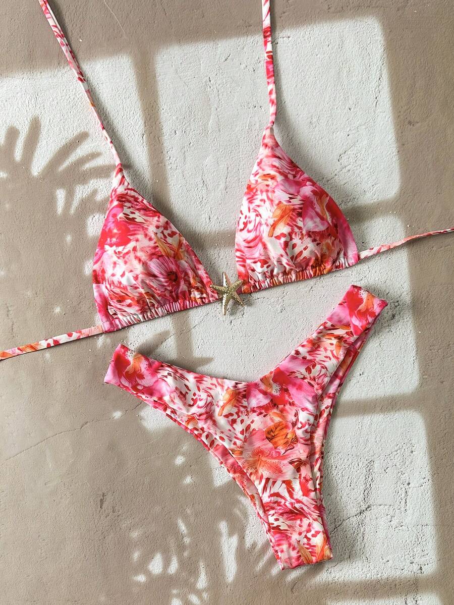 Swim Vcay Bộ bikini nữ in họa tiết ngẫu nhiên, kiểu yếm, đính trang sức kim loại, thích hợp cho mùa hè. - Nhiều màu - Xem 1