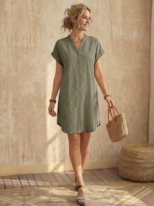 EMERY ROSE Vestido informal mini de unicolor con botones delanteros y mangas cortas para mujer - Verde militar - Ver 3