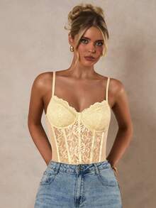 Glamine Women's Sexy Solid Color Contrast Lace Bodysuit, Summer Lace Body Suit Corset Top Bustier Lingerie Lace Lingerie - Pale Yellow - View 5