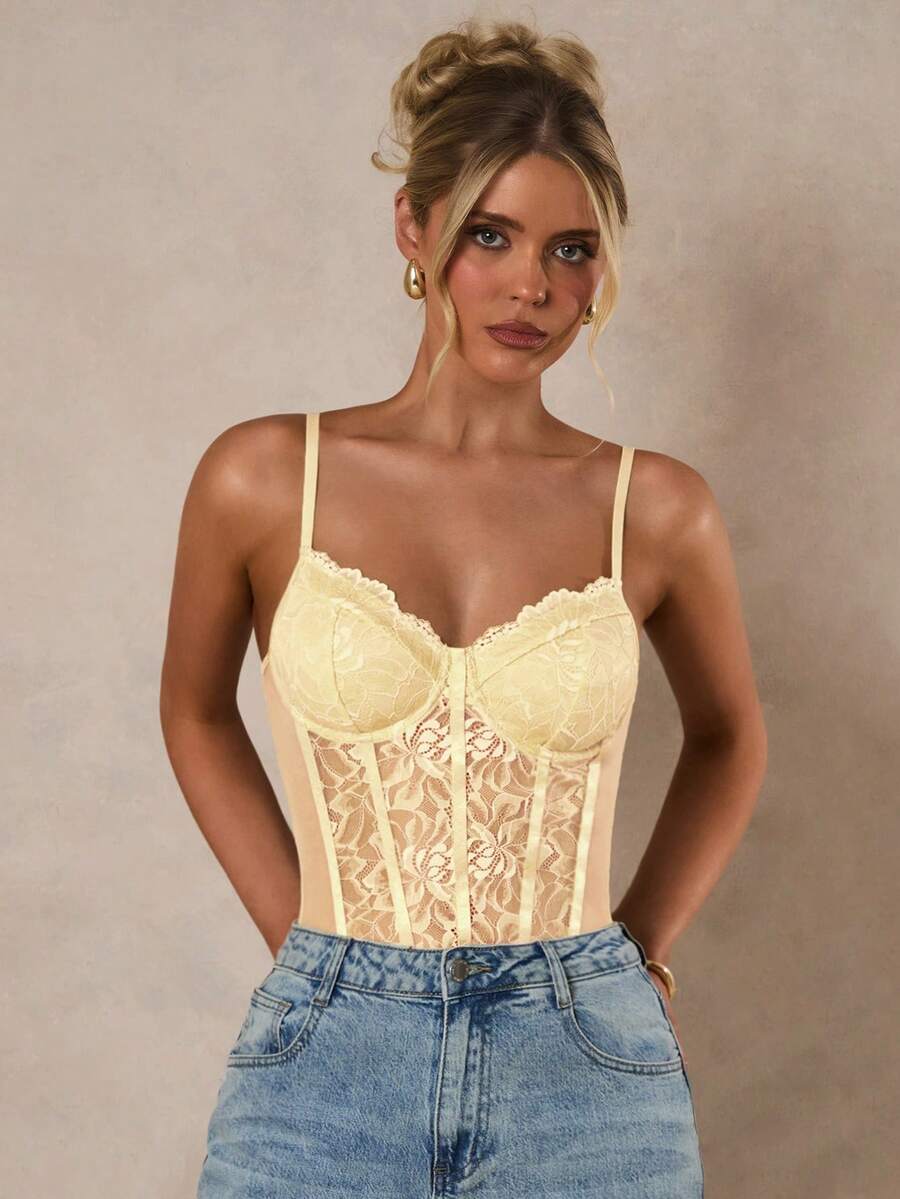 SHEIN Unity 女士性感纯色撞色蕾丝连体衣,夏季 - 鵝黃色 - 查看 1